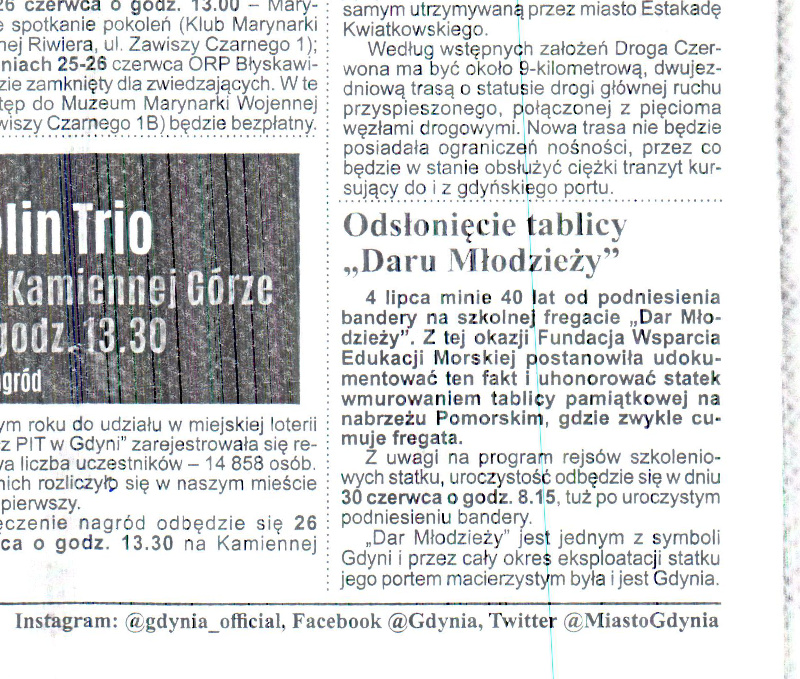 Artykuł z Ratusz Gdynia na temat odsłonięcia tablicy pamiątkowej Dar Młodzieży